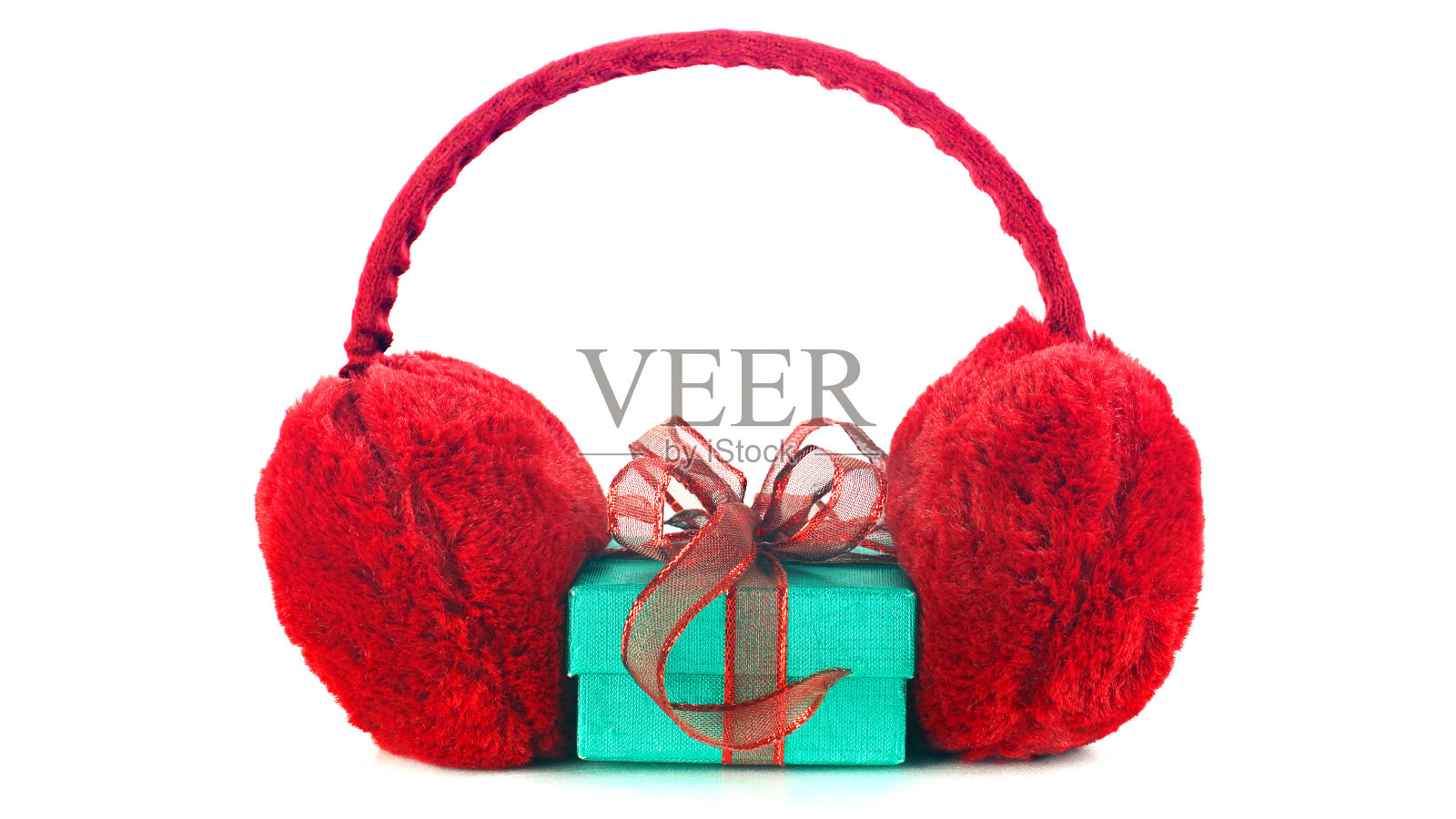 红色耳套与绿色闪光礼盒隔离在白色背景照片摄影图片