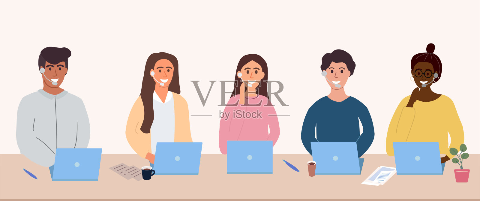 多彩的呼叫中心操作员化身概念。男女客户服务联系帮助经理矢量网页图片。客户支持服务。网上咨询。平面向量插图插画图片素材