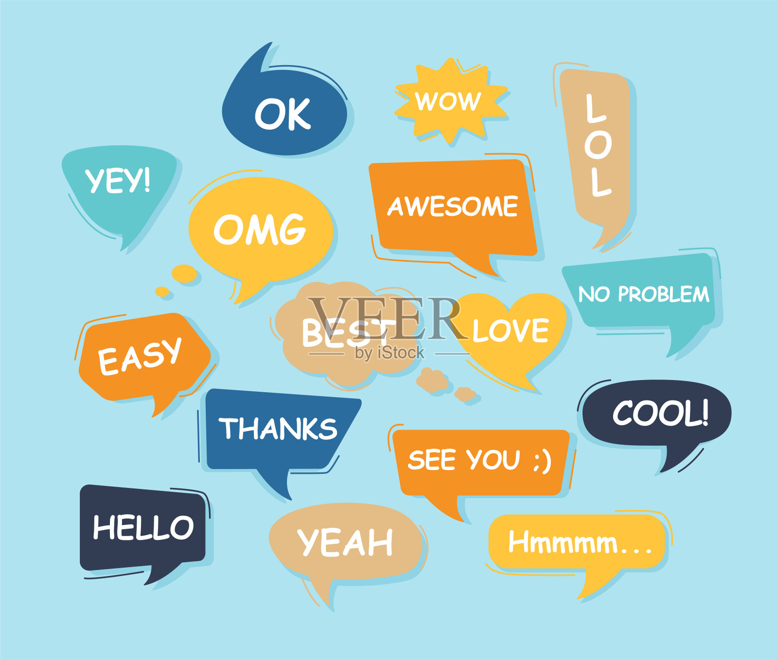 一套气泡谈话短语云在线聊天与不同的词适合对话说明反应。聊天气球彩色聊天信息矢量插图在白色背景EPS 10插画图片素材