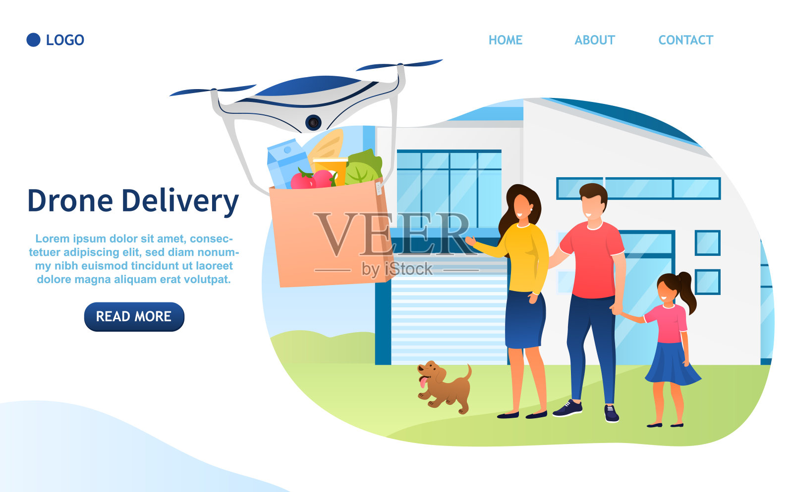 无人驾驶飞机交付的概念。一个年轻漂亮的家庭站在他家附近，等待无人机送来的包裹。无人机的包裹递送。现代技术订购产品平面矢量插图插画图片素材