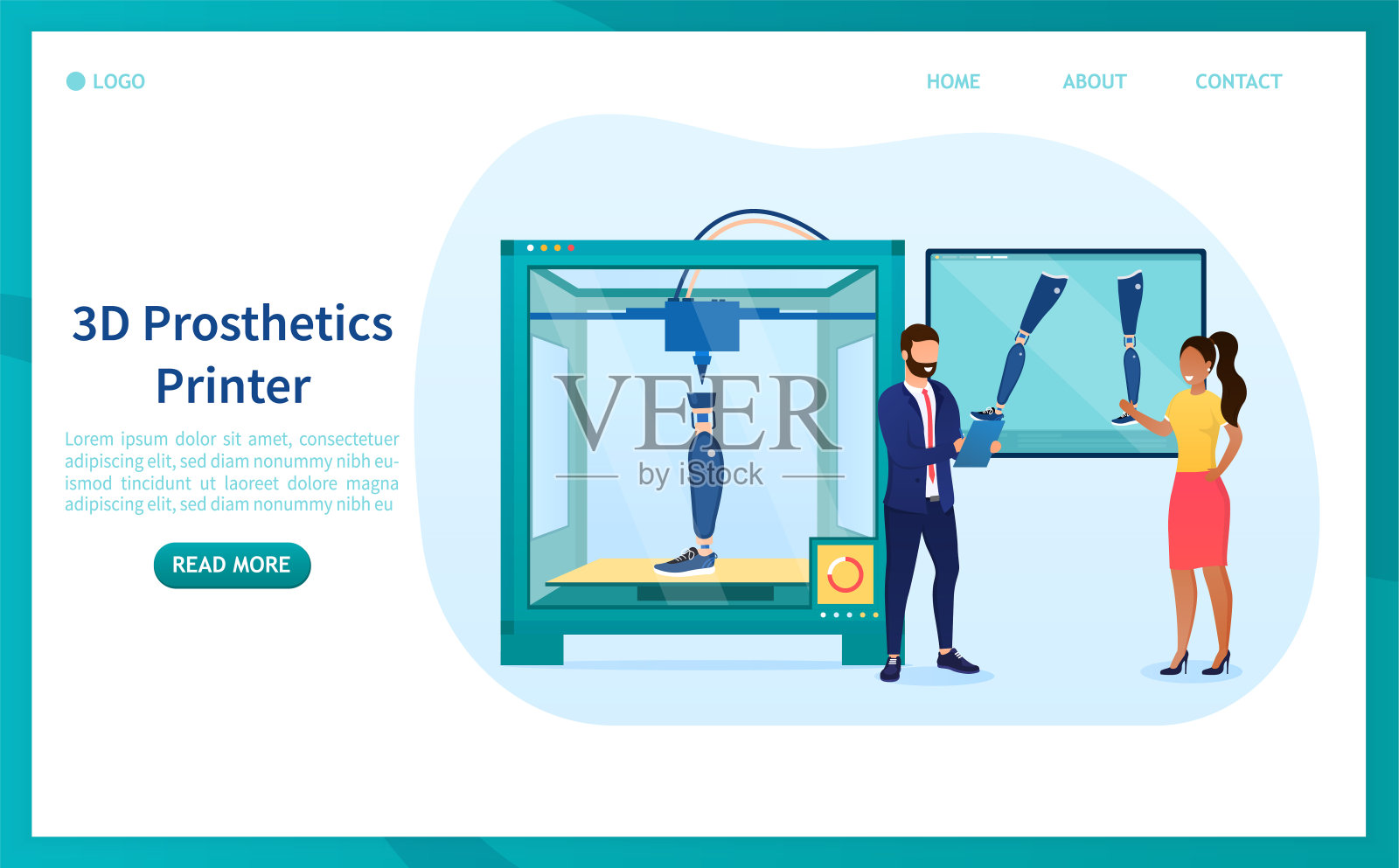 一组科学家用3D打印机打印出一条假腿。打印假肢原型的现代医疗技术。完美的着陆或网页设计。平面向量插图插画图片素材