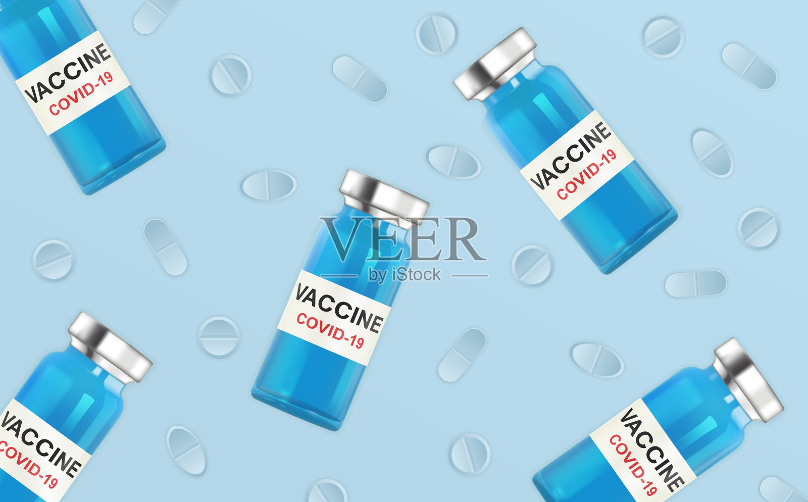 蓝色背景上的真实抗病毒疫苗安瓿。冠状病毒感染、Covid-19、nCov 2019。抗击病毒。人类的胜利。容易编辑。孤立的矢量图插画图片素材