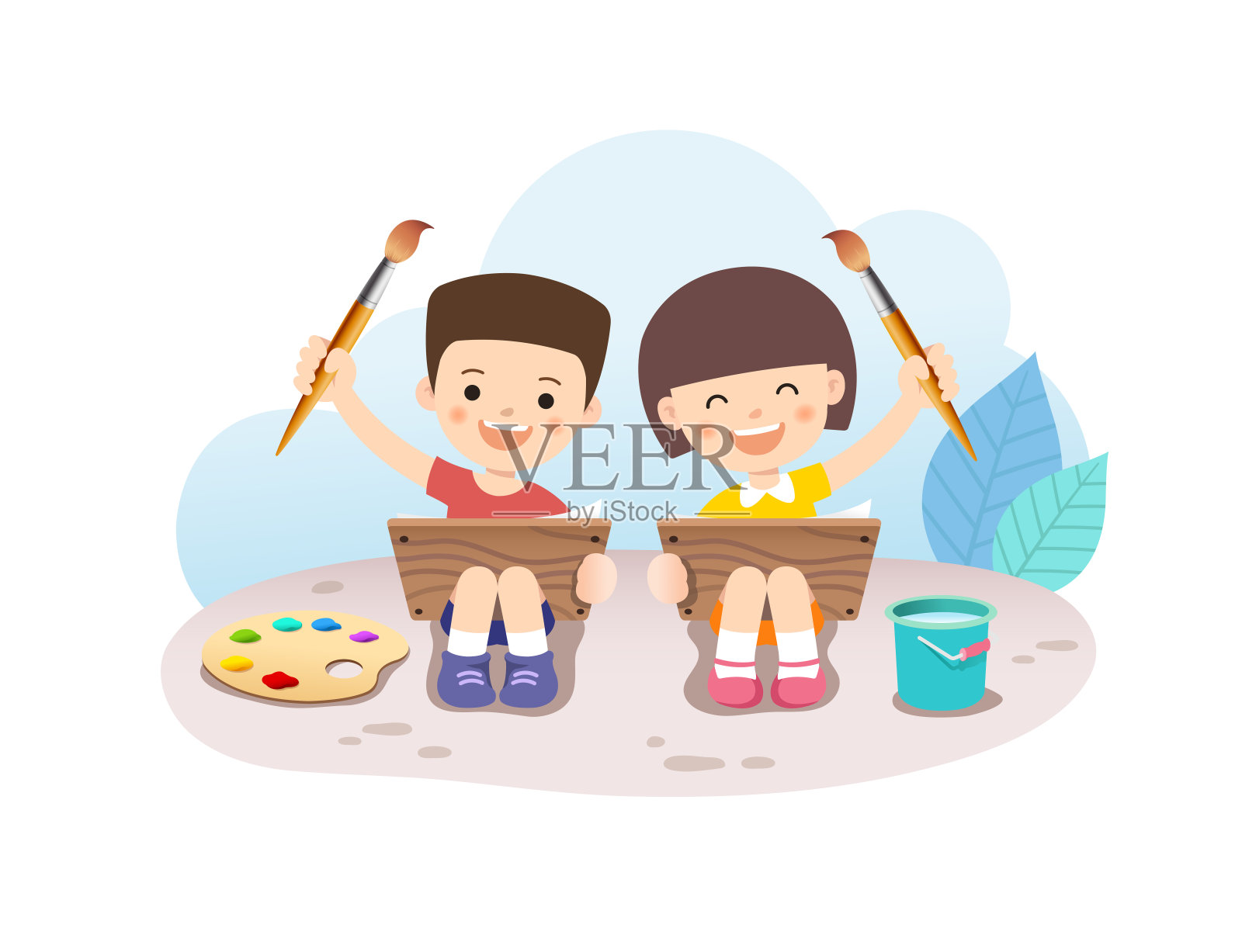 儿童艺术教育，可爱的孩子在户外画画。白色背景，矢量插图。插画图片素材