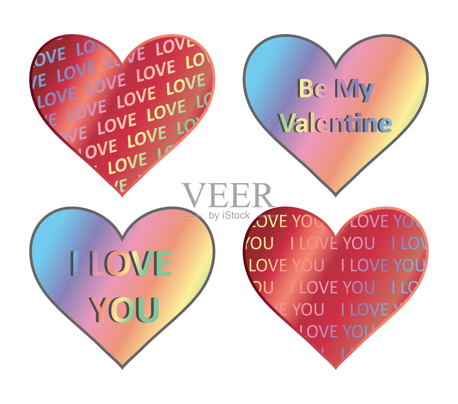 心形全息图贴纸套装，矢量元素、标志、图标、圣瓦伦丁节符号设计模板素材