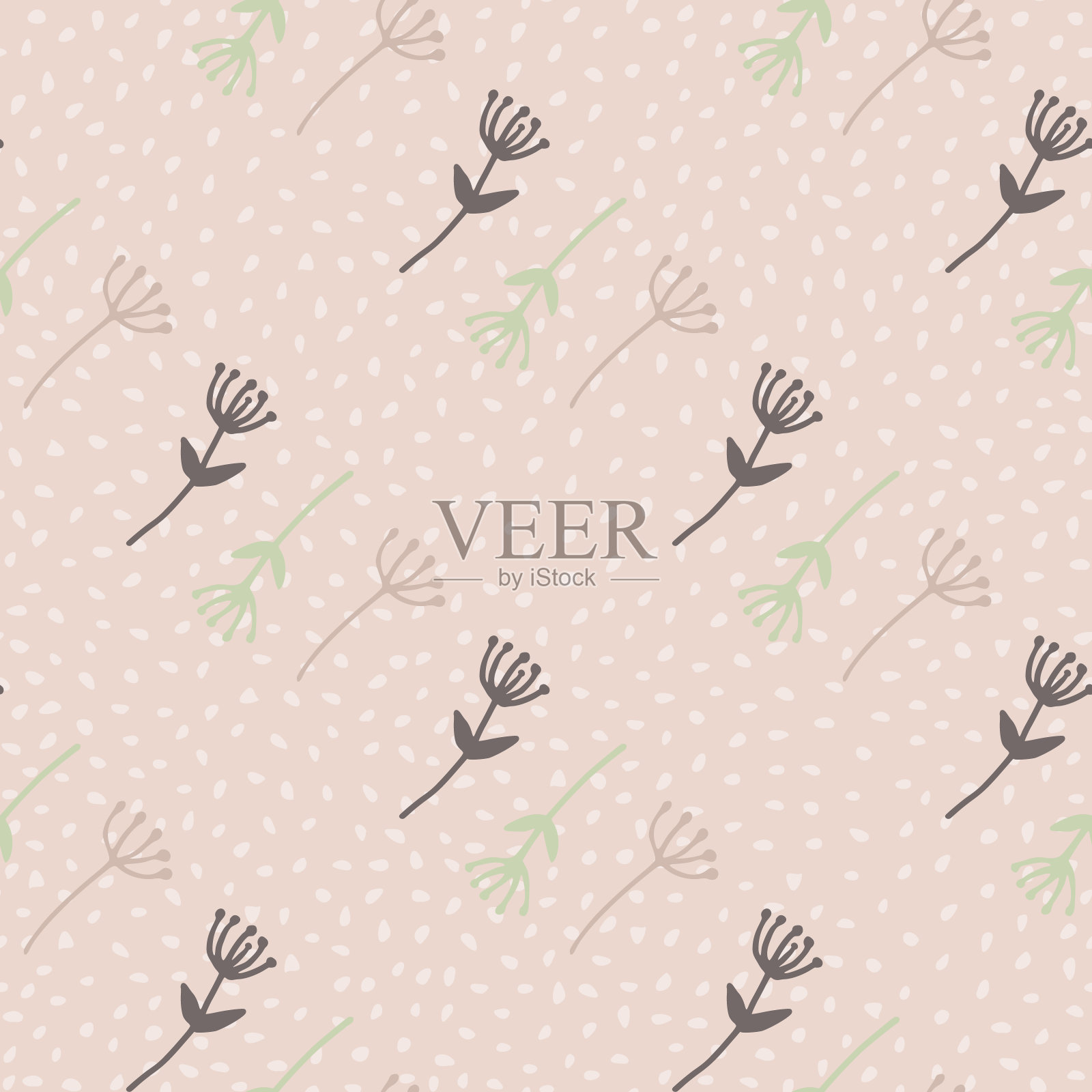 蒲公英轮廓抽象人物无缝涂鸦图案。粉彩色调元素在浅粉色背景与点。插画图片素材