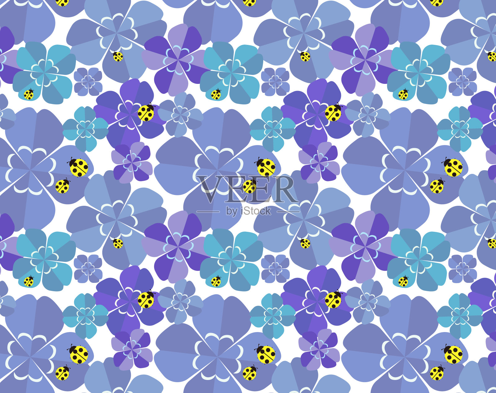 瓢虫和四叶草的背景图像。矢量插图的彩色三叶草。无缝模式插画图片素材