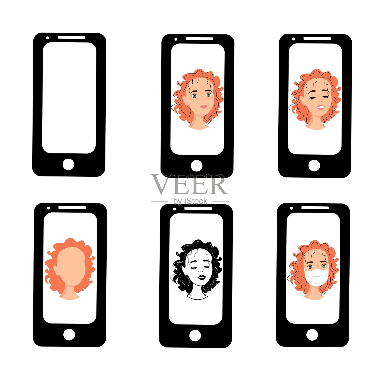 手机屏幕上的有趣女孩。智能手机屏保上女人的情绪。使用小工具进行远程通信。股票矢量插图为企业，互联网，社交网络。插画图片素材