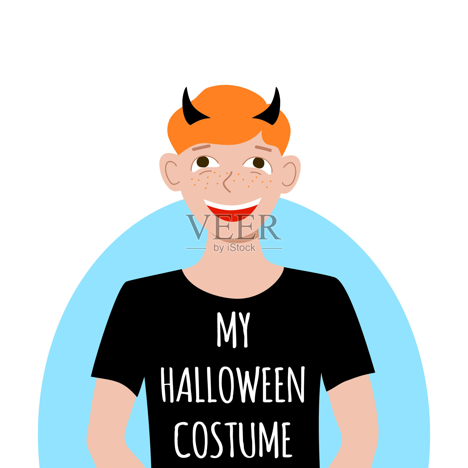 红头发的男孩穿着一件T恤，上面写着“我的万圣节服装”，头上有角。狂欢派对。社交媒体的阿凡达。股票矢量手绘平面插图孤立在白色。设计元素图片