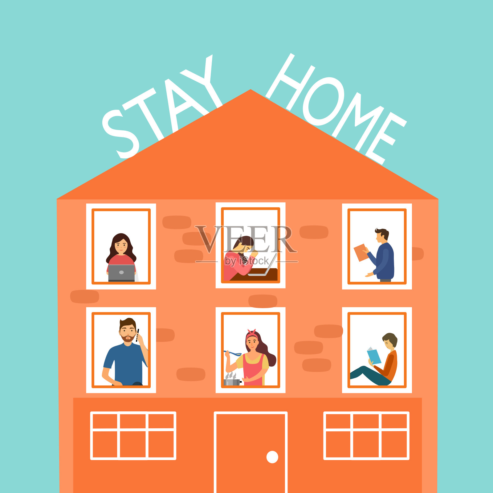 居家自我隔离的概念。人们呆在房间或公寓里，用笔记本电脑工作，读书，做饭，打电话。活动在家里。插画图片素材