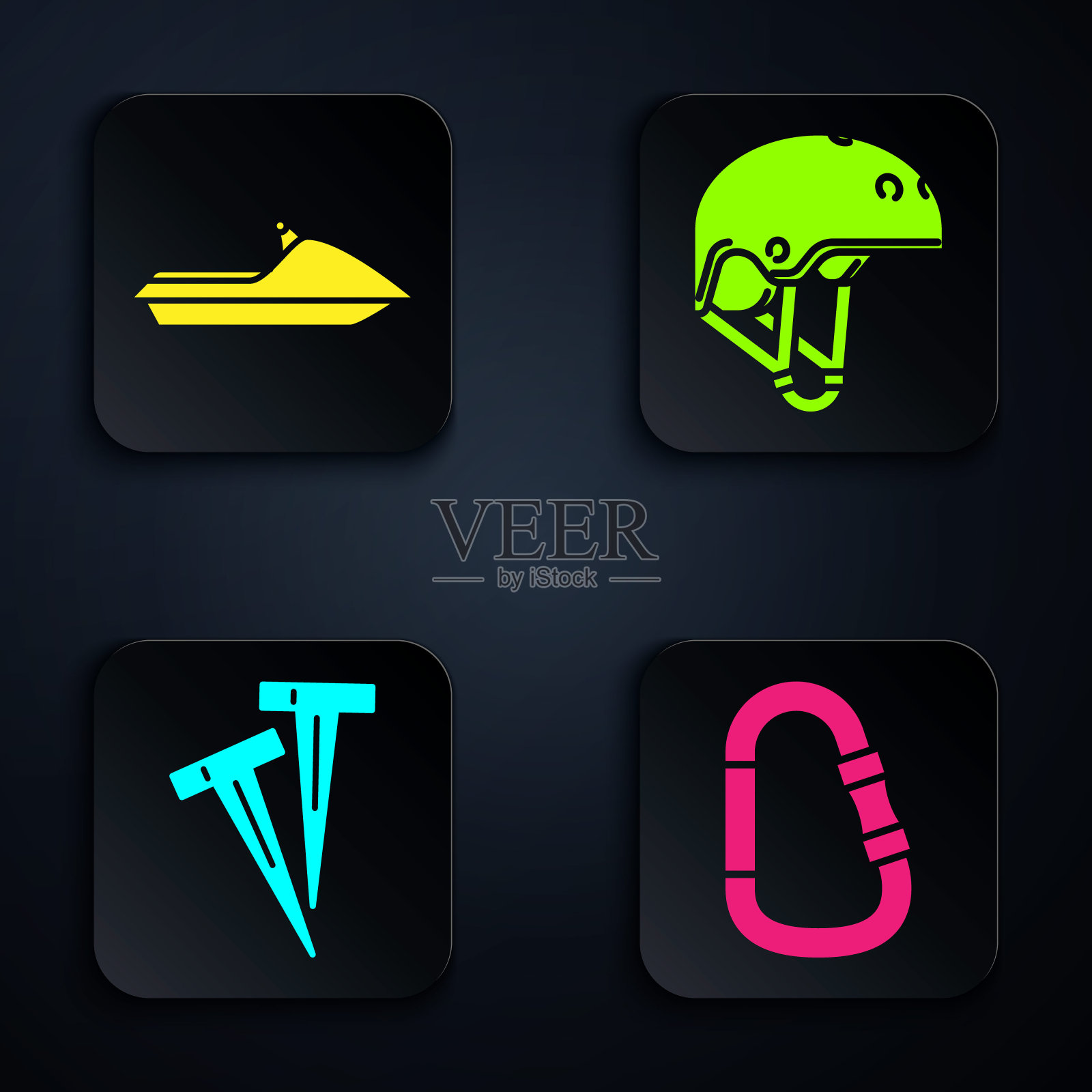 固定钩，水上摩托，帐篷和头盔的钉子。黑色方形按钮。向量图标素材