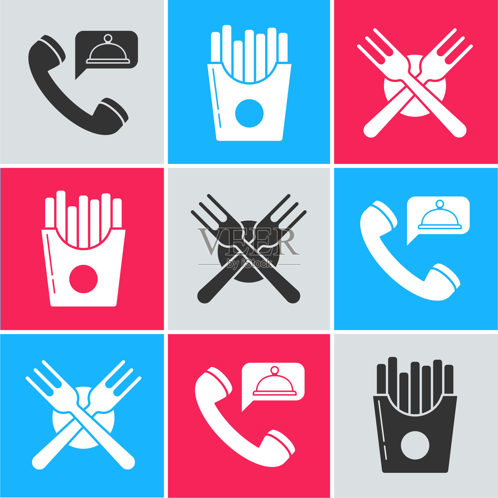 设置食物订购，土豆薯条纸盒和交叉叉图标。向量插画图片素材