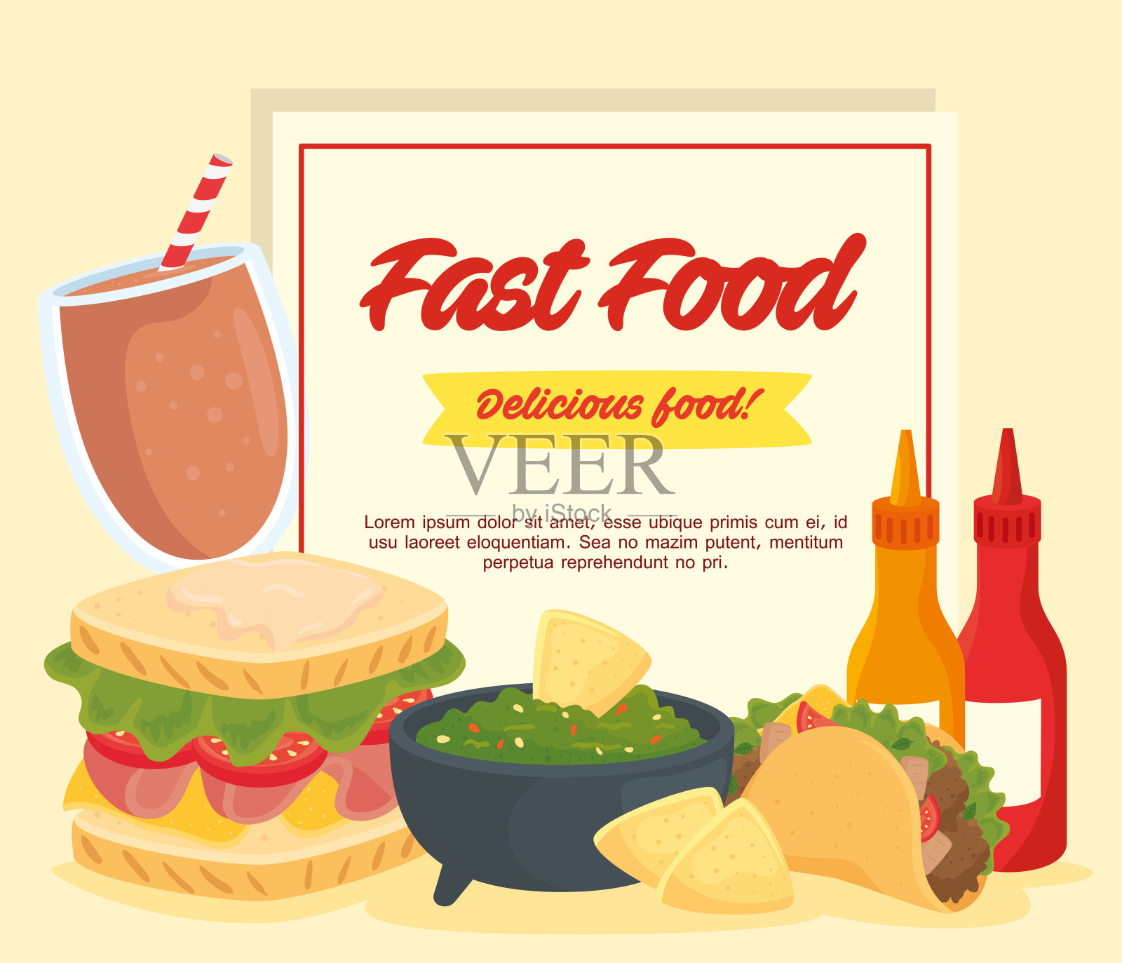 快餐海报，鳄梨酱三明治和其他食物插画图片素材