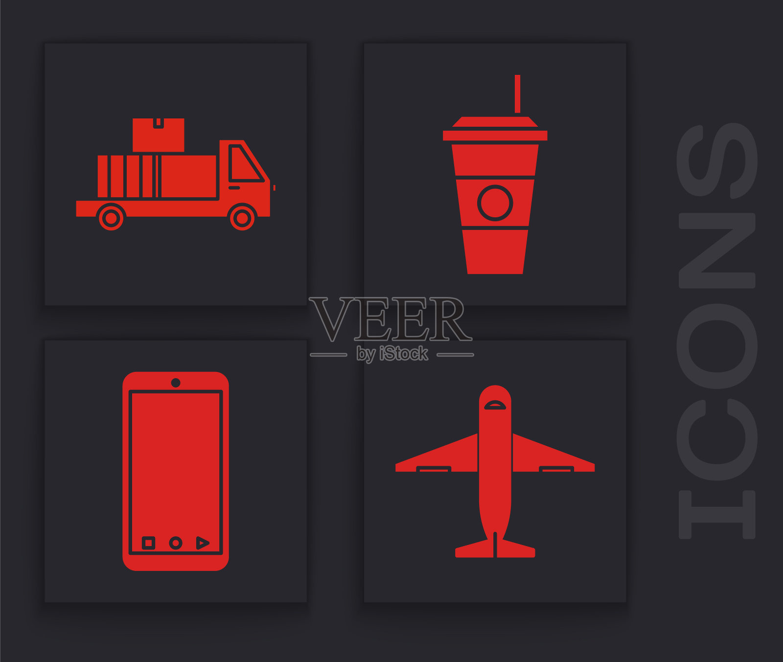 设置飞机，配送卡车与纸箱，咖啡杯和手机与应用程序配送跟踪图标。向量图标素材