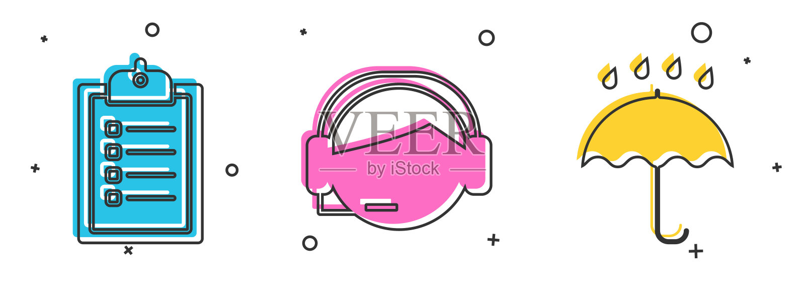 设置“送货清单验证”剪贴板、“触摸支持操作员”、“雨伞和雨点”图标。向量插画图片素材