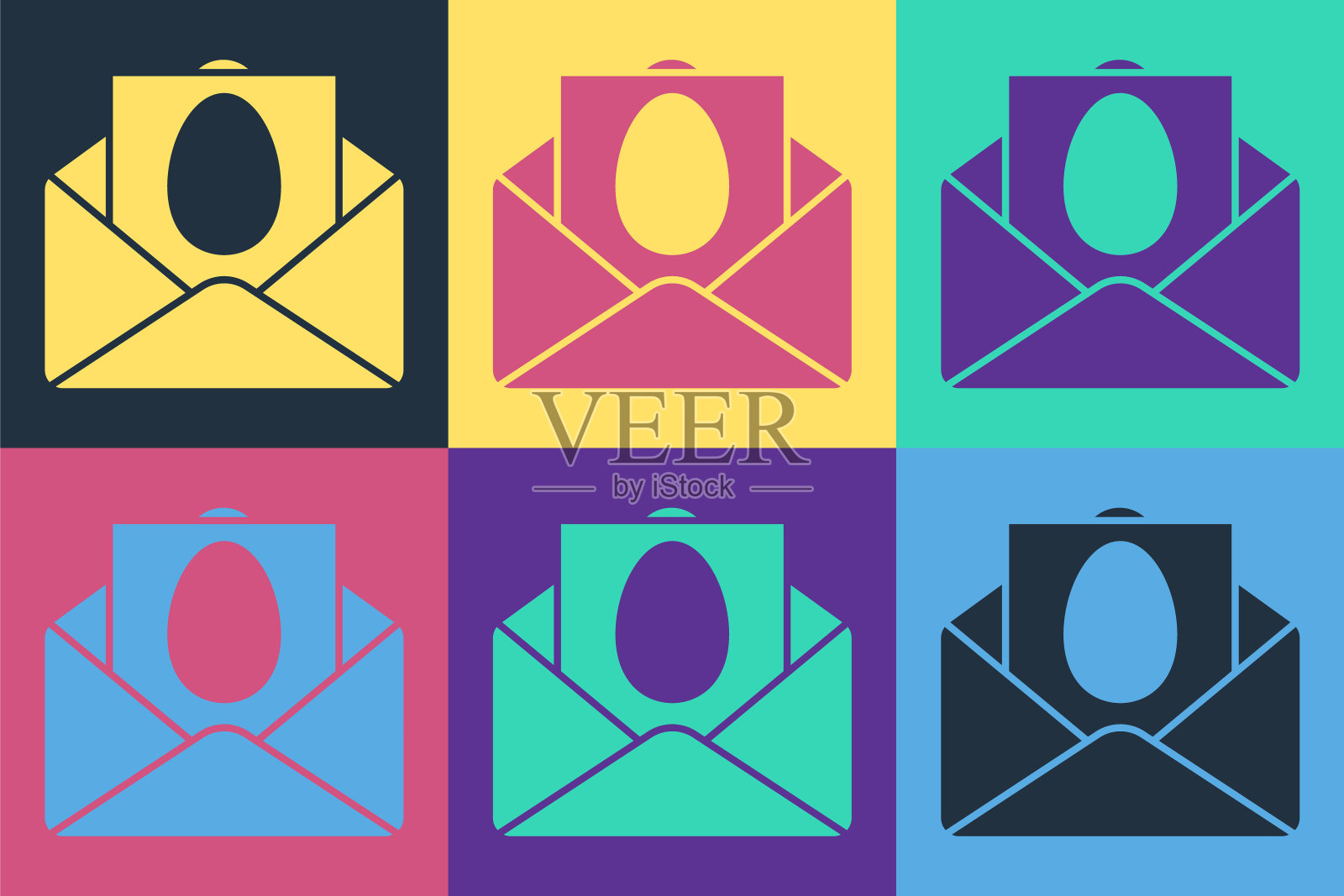 流行艺术贺卡与快乐复活节图标孤立的颜色背景。为邀请或贺卡庆祝海报模板。矢量图图标素材