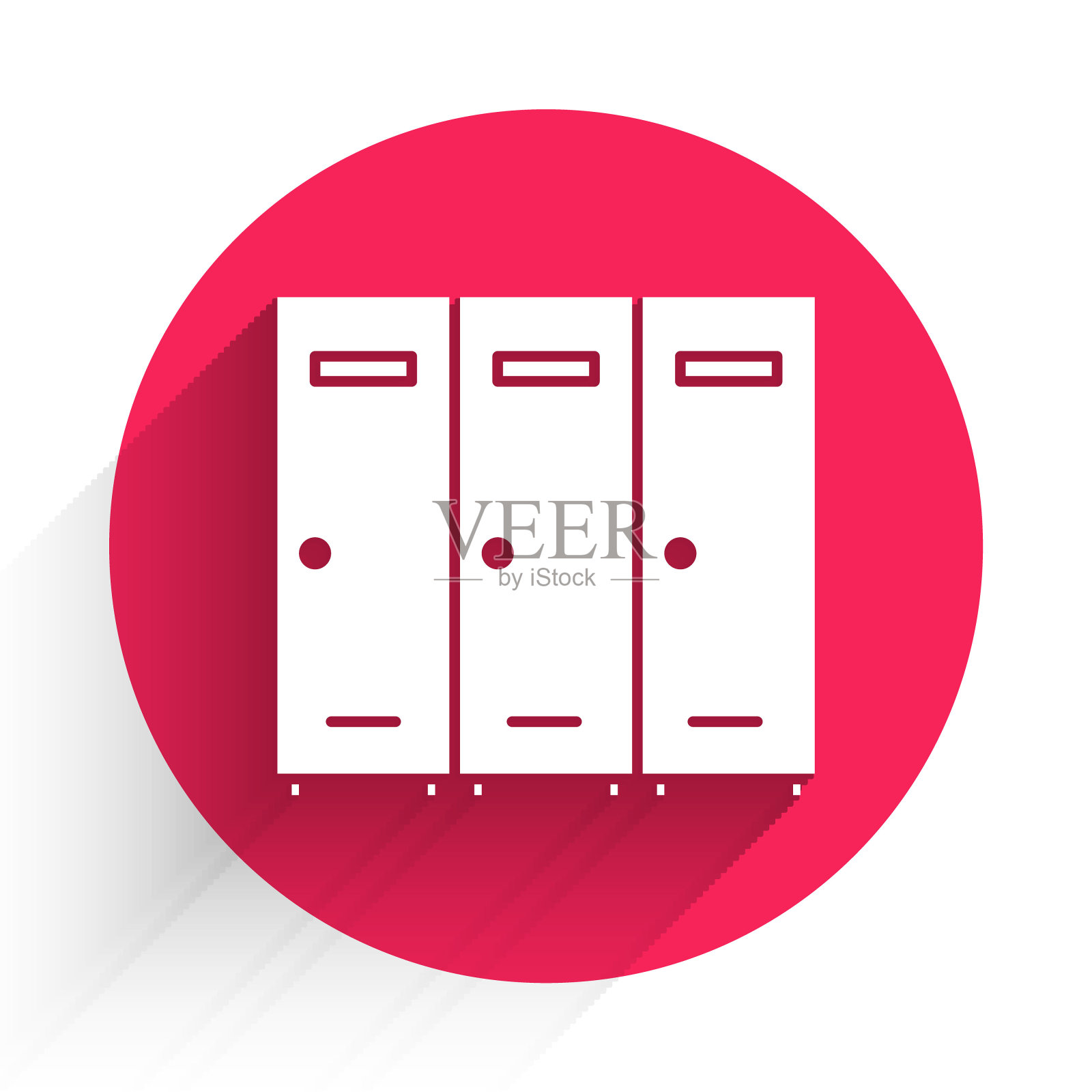 白色储物柜或更衣室的曲棍球，足球，篮球队或工人图标孤立与长影子。红色圆圈按钮。矢量图插画图片素材