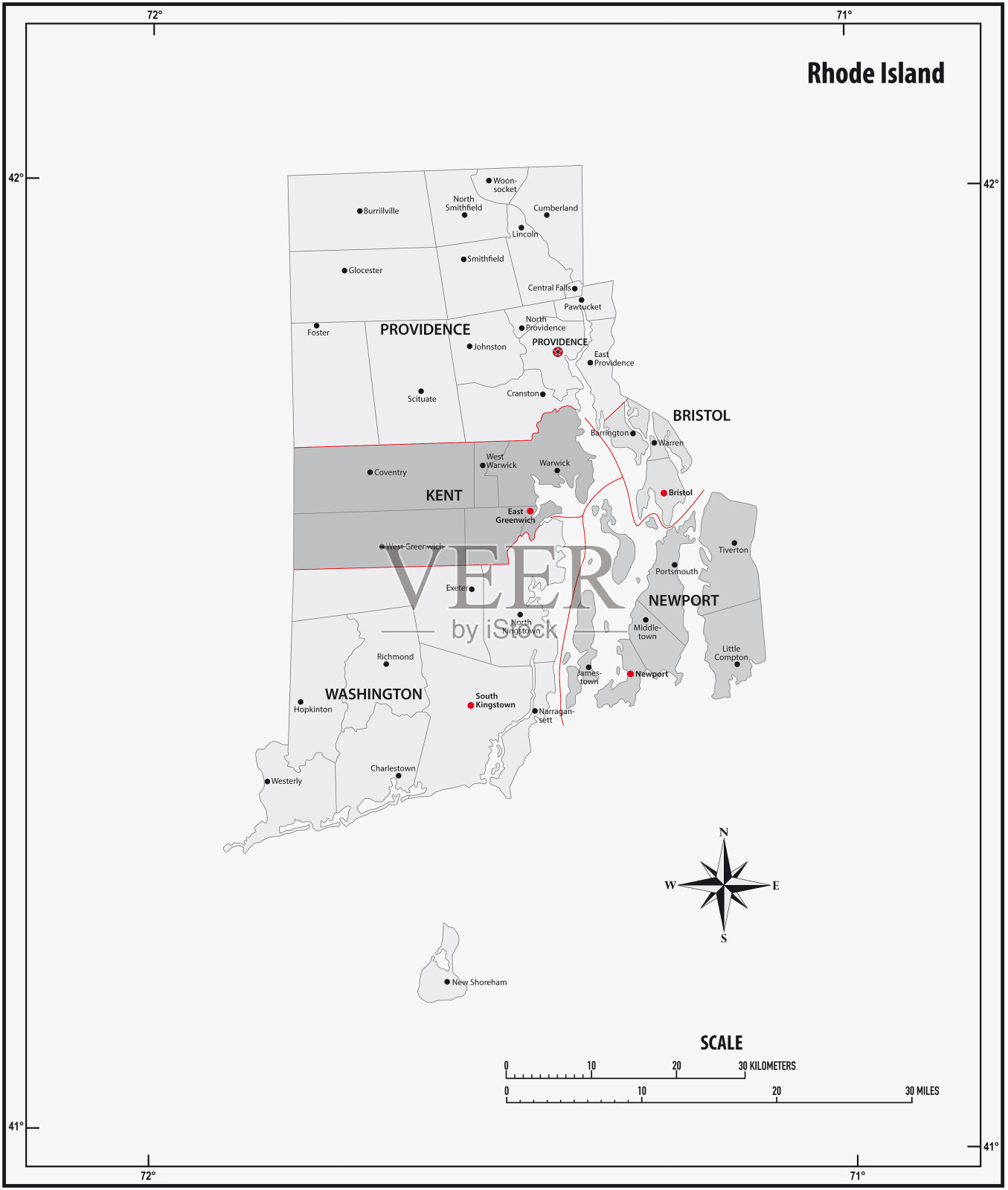 罗德岛州概述行政和政治矢量地图的黑白插画图片素材