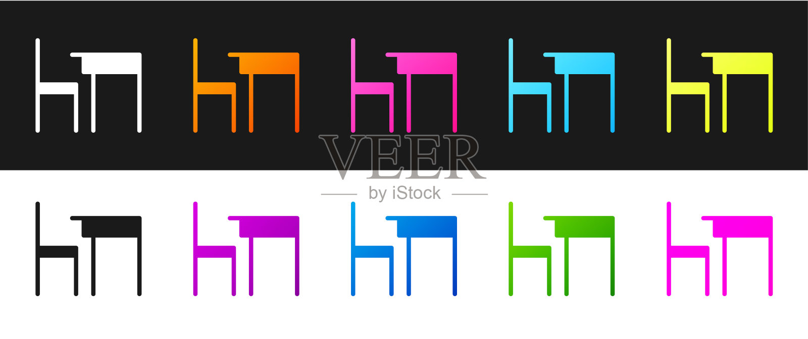 设置学校桌子和椅子教室图标孤立的黑白背景。学校的桌子上。矢量图插画图片素材