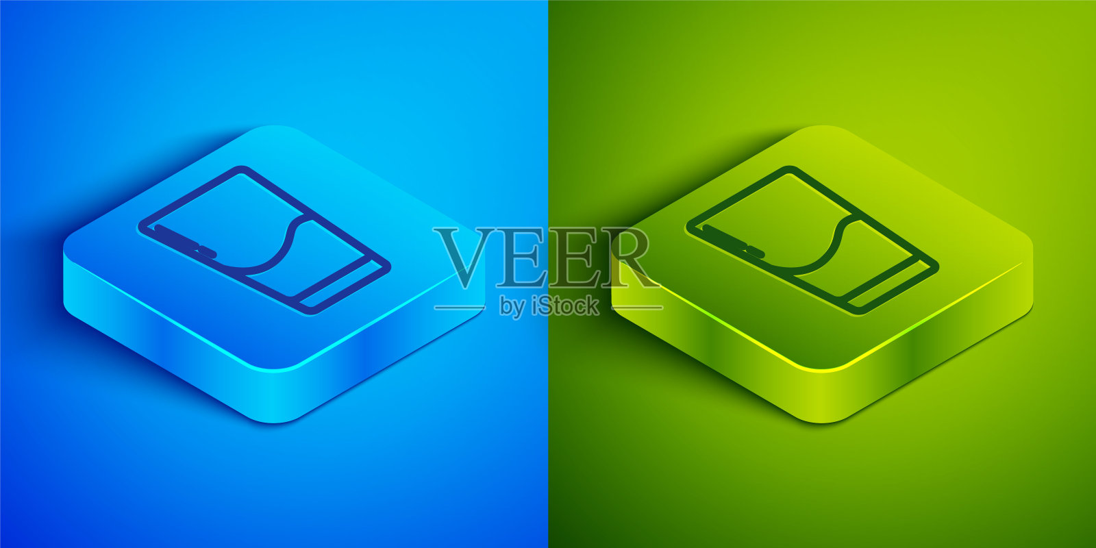 等距线玻璃与水图标隔离在蓝色和绿色背景。苏打水的玻璃。方形按钮。矢量图图标素材