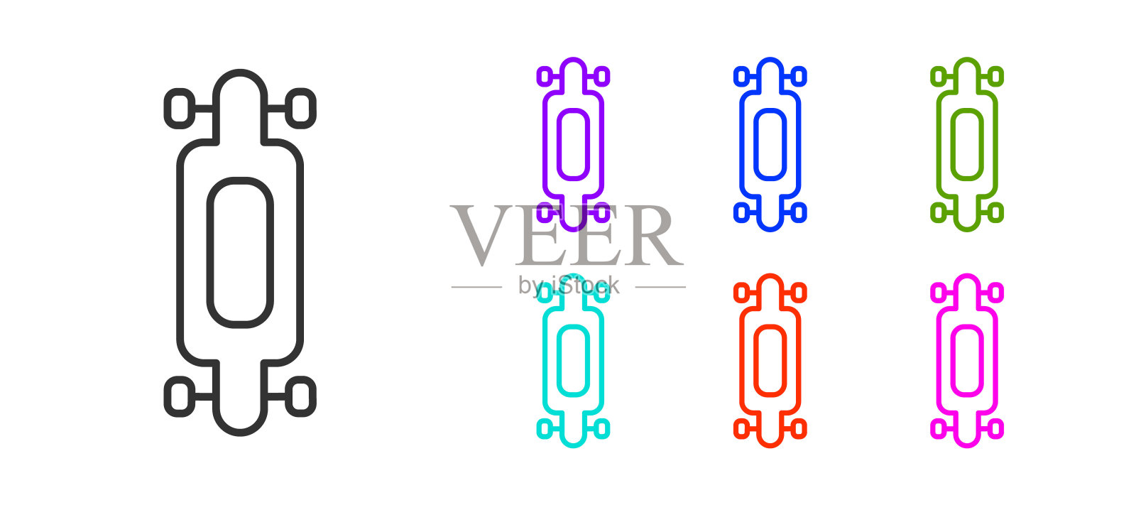 黑线长板或滑板巡洋舰图标孤立在白色背景。极限运动。运动设备。设置图标丰富多彩。矢量图插画图片素材