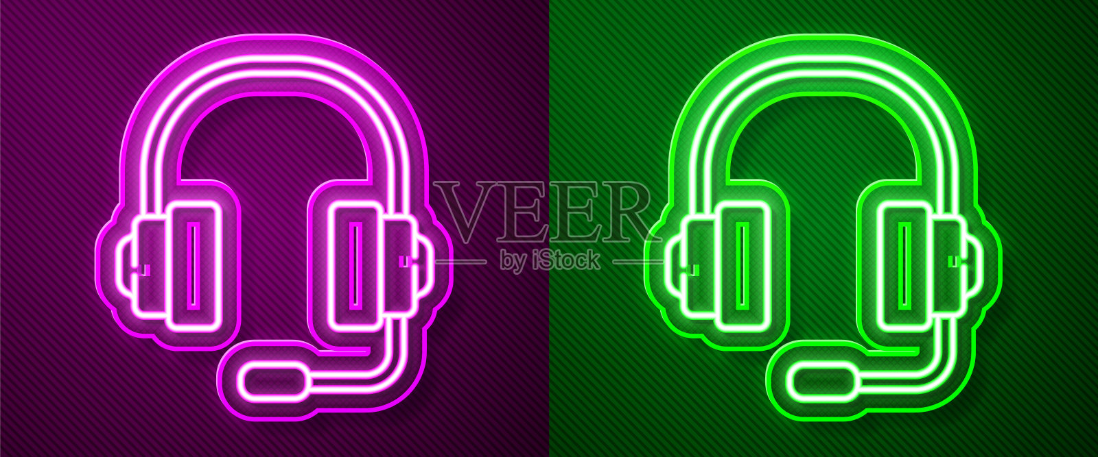 耳机图标隔离在紫色和绿色的背景。支持客服，热线，呼叫中心，faq，维护。矢量图插画图片素材
