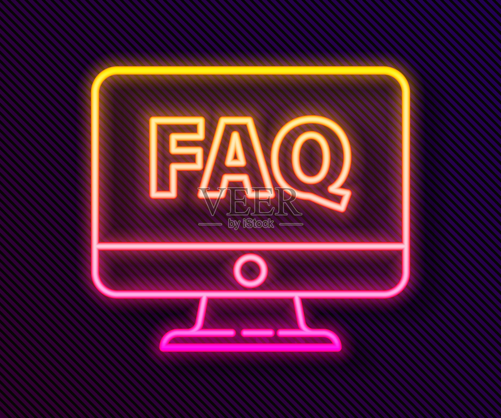 发光的霓虹灯线电脑显示器和常见问题的图标孤立在黑色的背景。调整、维修、设置、维护、修理、固定。矢量图插画图片素材