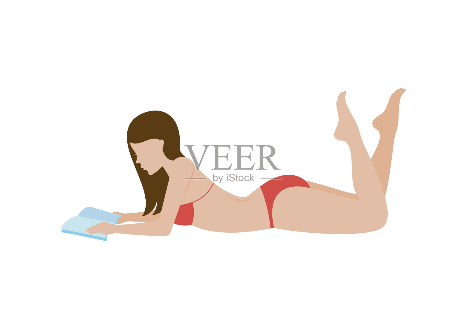 女孩正躺在沙滩上读一本矢量书插画图片素材