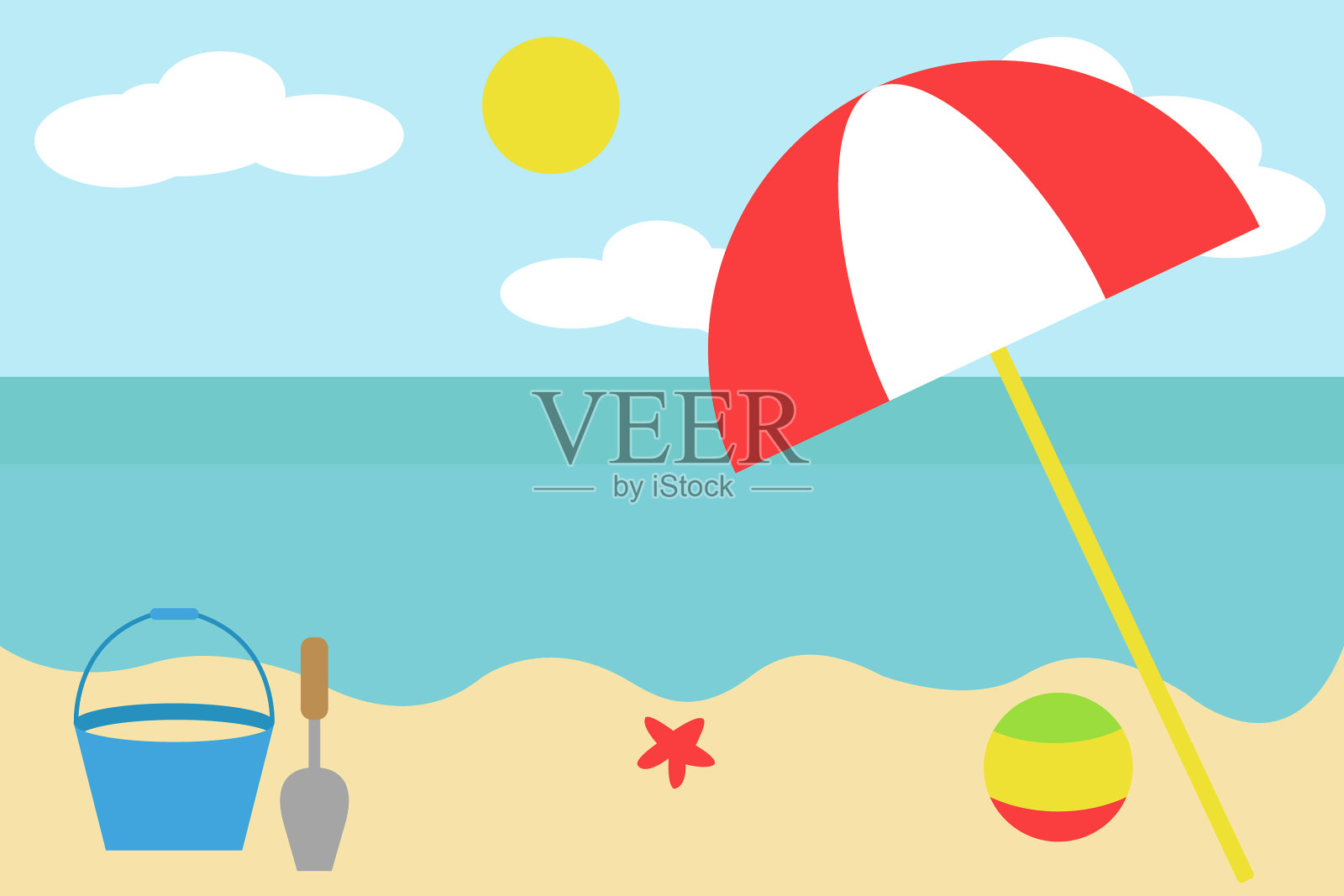 夏天在沙滩上简单的平坦插画图片素材