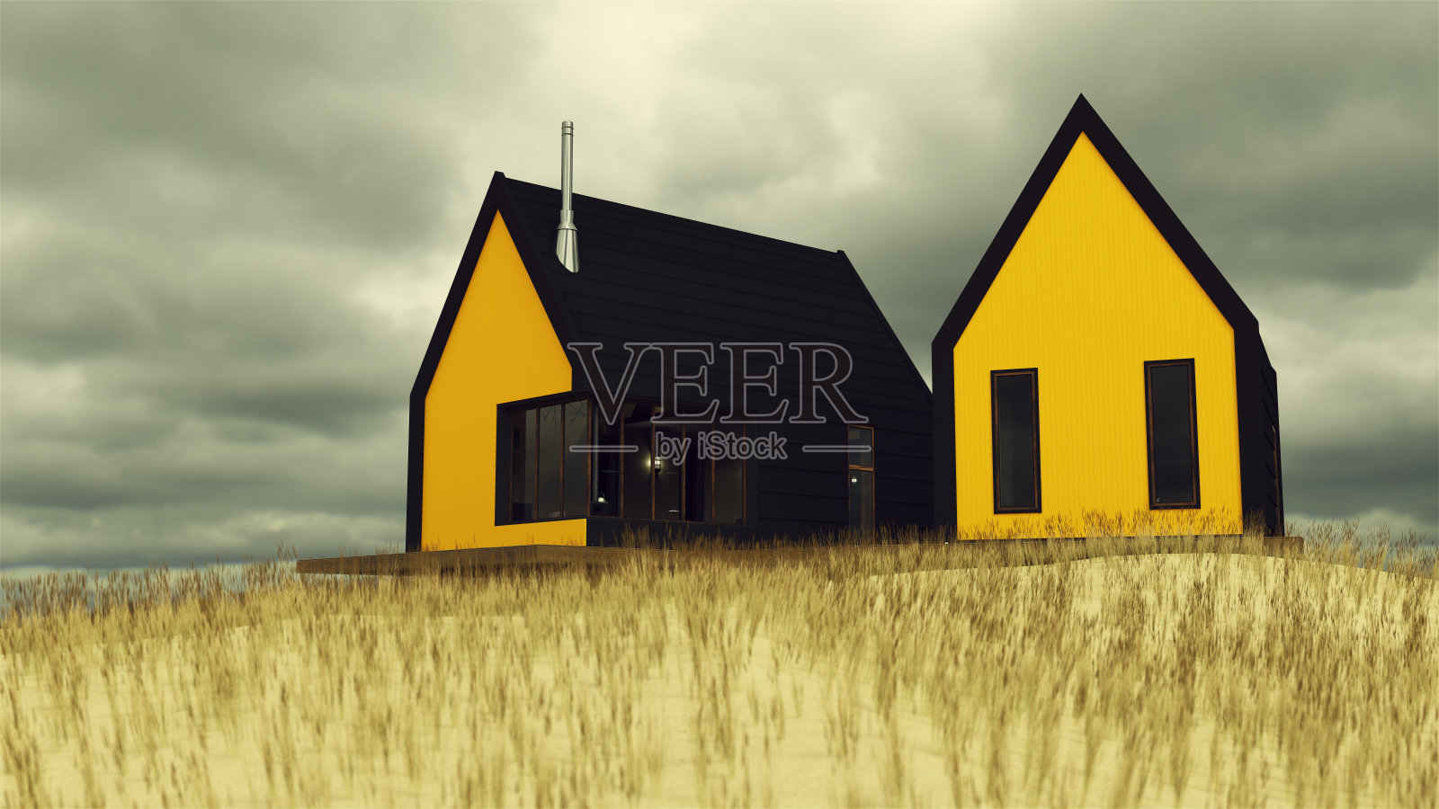 现代黄色木屋与草沙丘在一个阴天挪威风格的房子浮动照片摄影图片