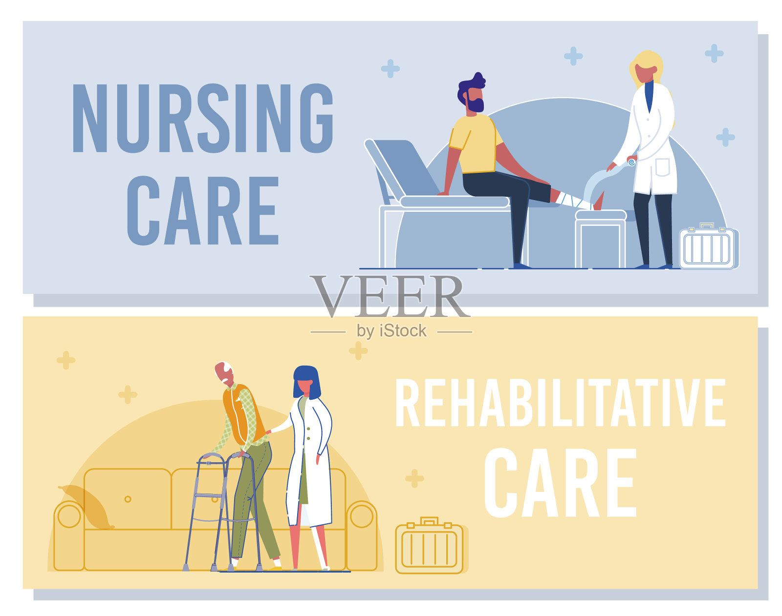 护士包扎受伤的腿，医生帮助老人插画图片素材