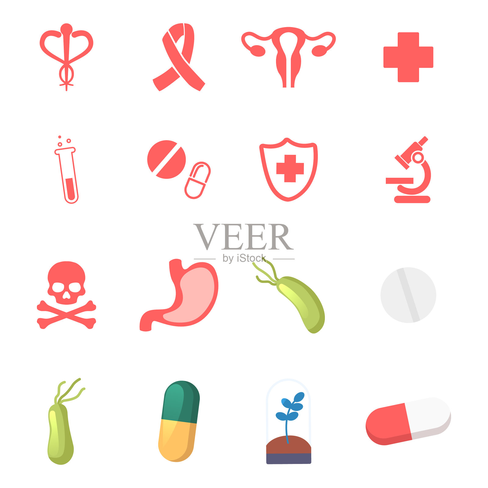 设置医疗图标，杖状标志，丝带和图标素材