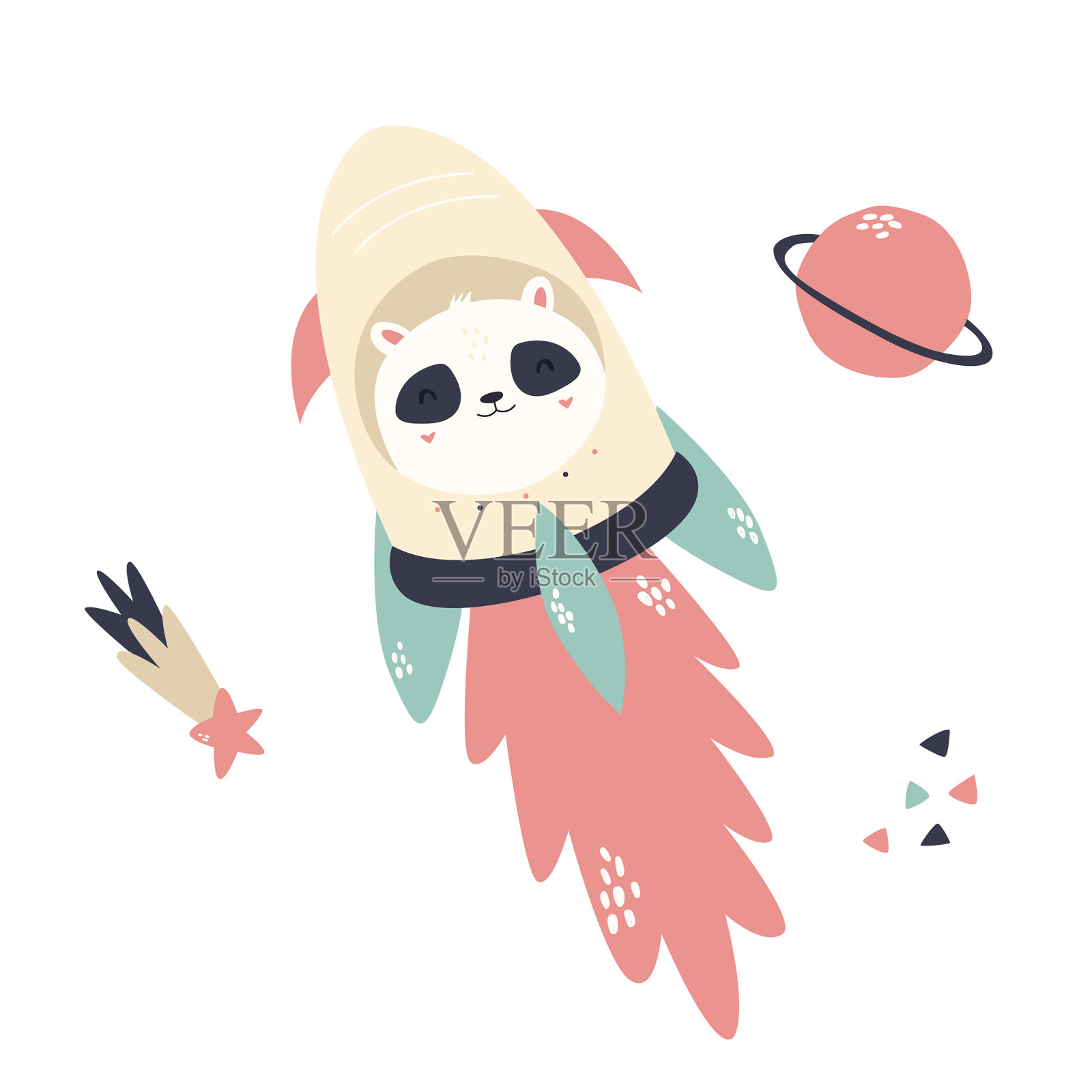 快乐的熊猫宇航员坐在火箭里插画图片素材