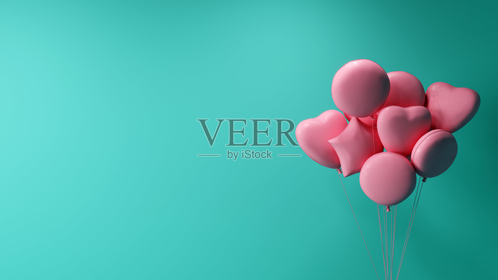 淡粉色的派对气球在绿松石空模型墙前，背景概念照片摄影图片