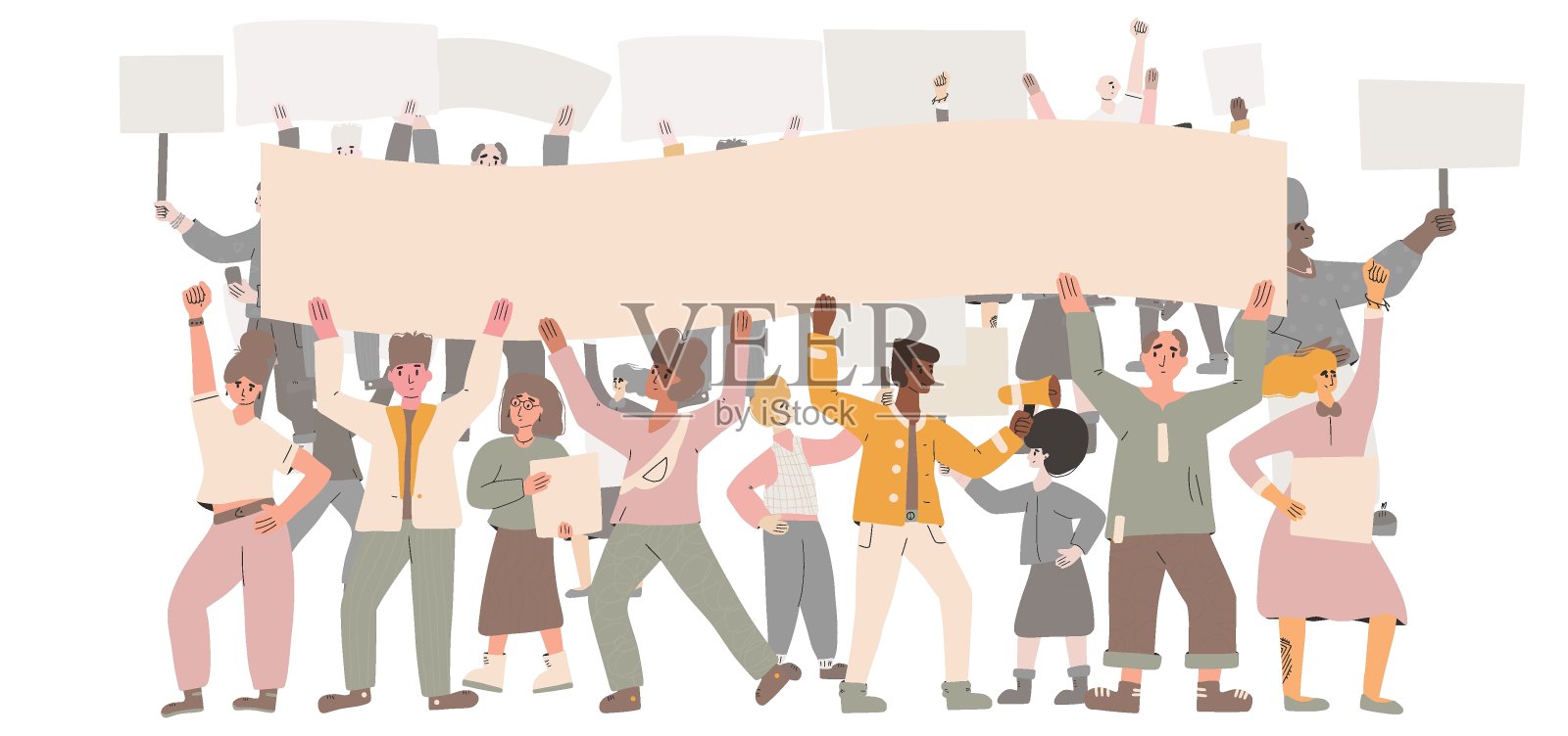 抗议。一群拿着横幅的男人和女人。插画图片素材