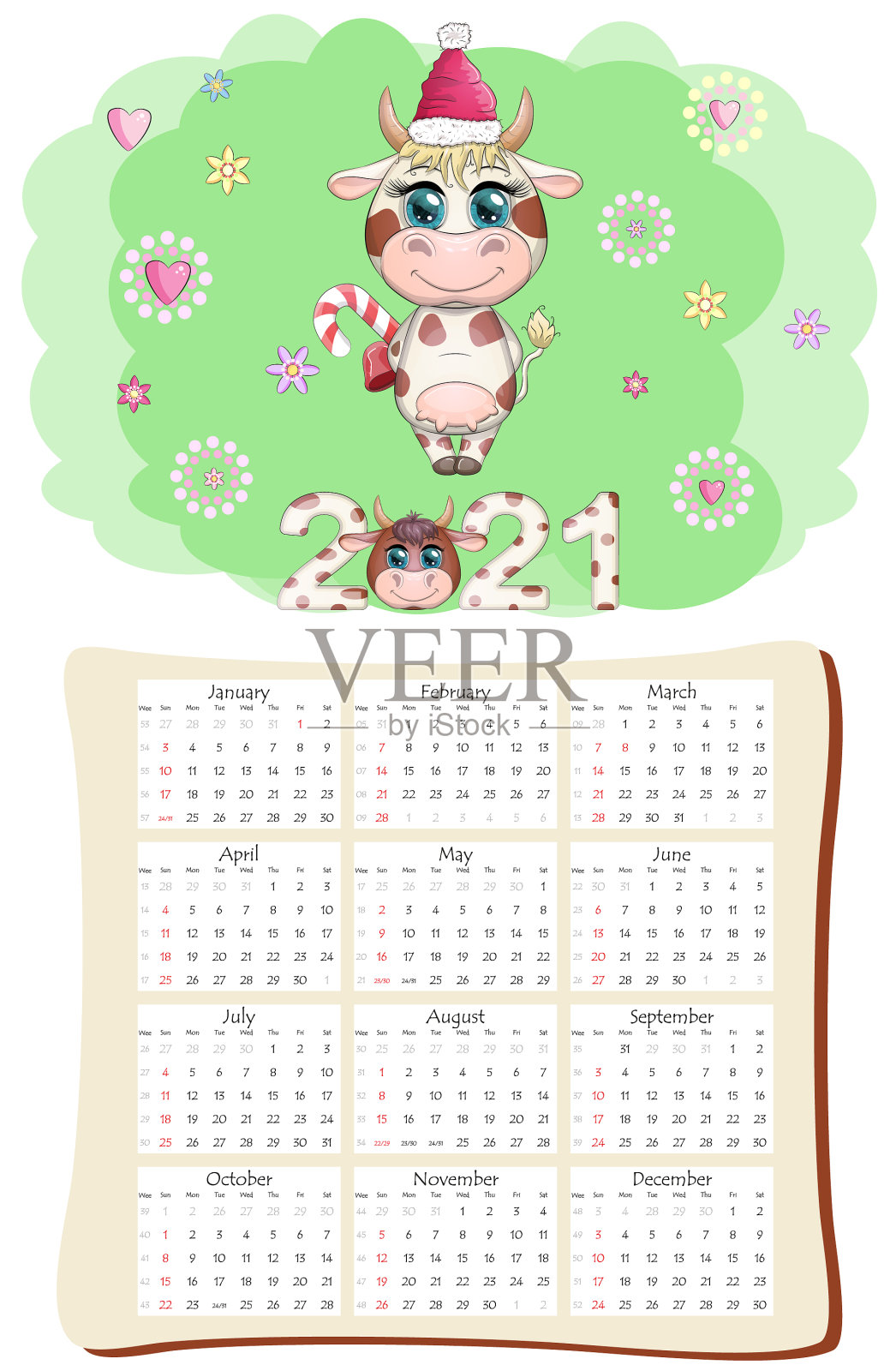 白牛日历或计划2021年与设计元素图片