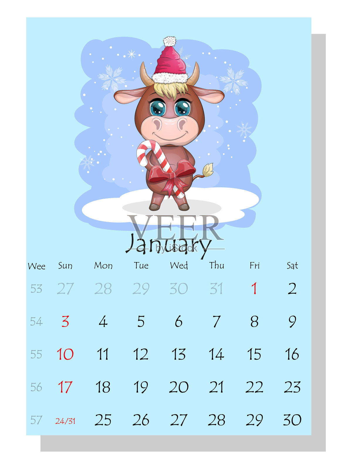 日历2021年可爱的公牛和母牛为每个月设计模板素材
