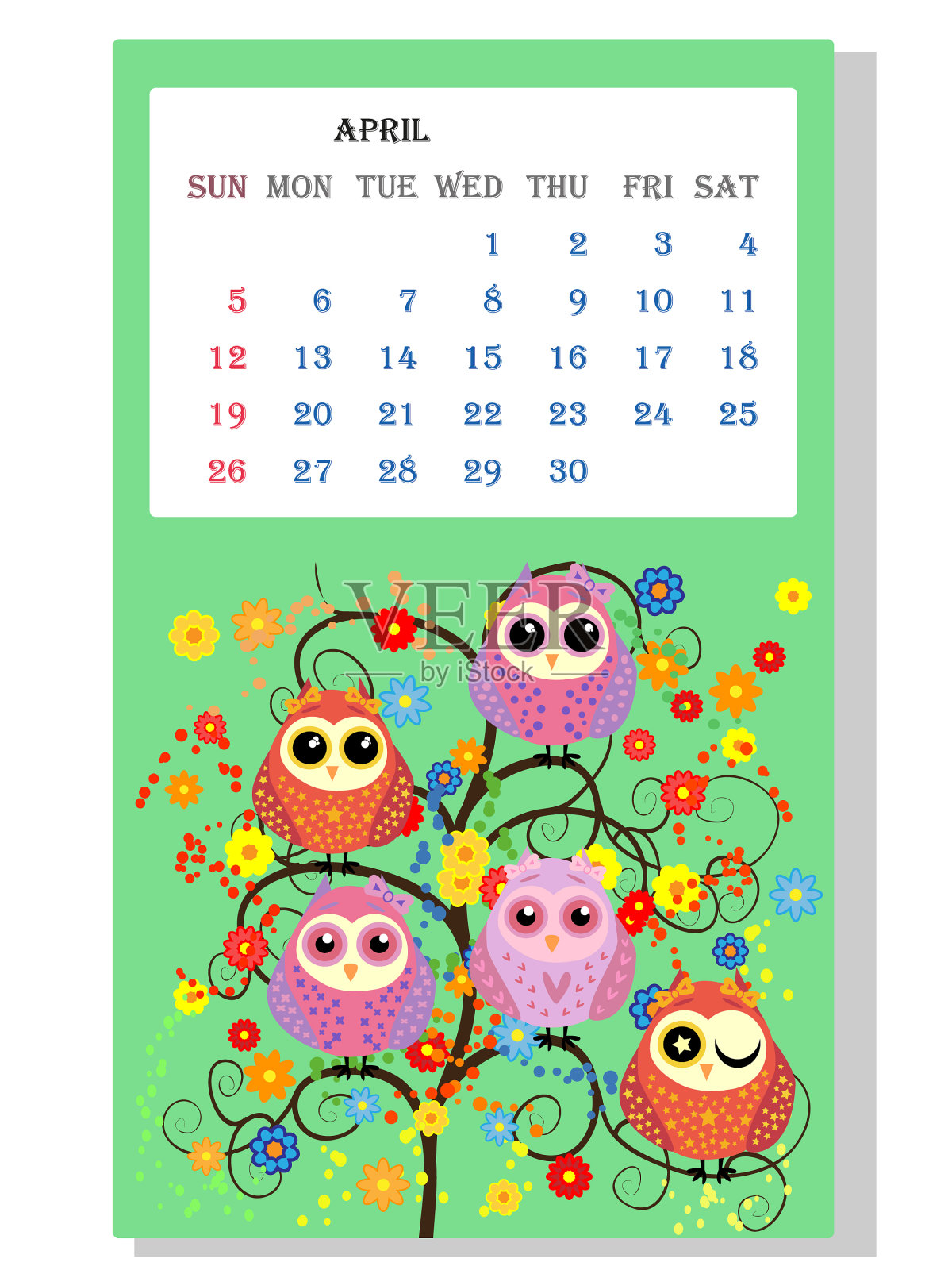 日历上每个月都有可爱的猫头鹰和小鸟插画图片素材