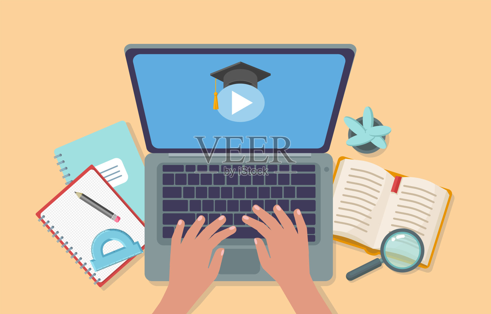 在线教育矢量平面插图。笔记本电脑和人手，抄本，书，量角器，家用植物，铅笔。插画图片素材