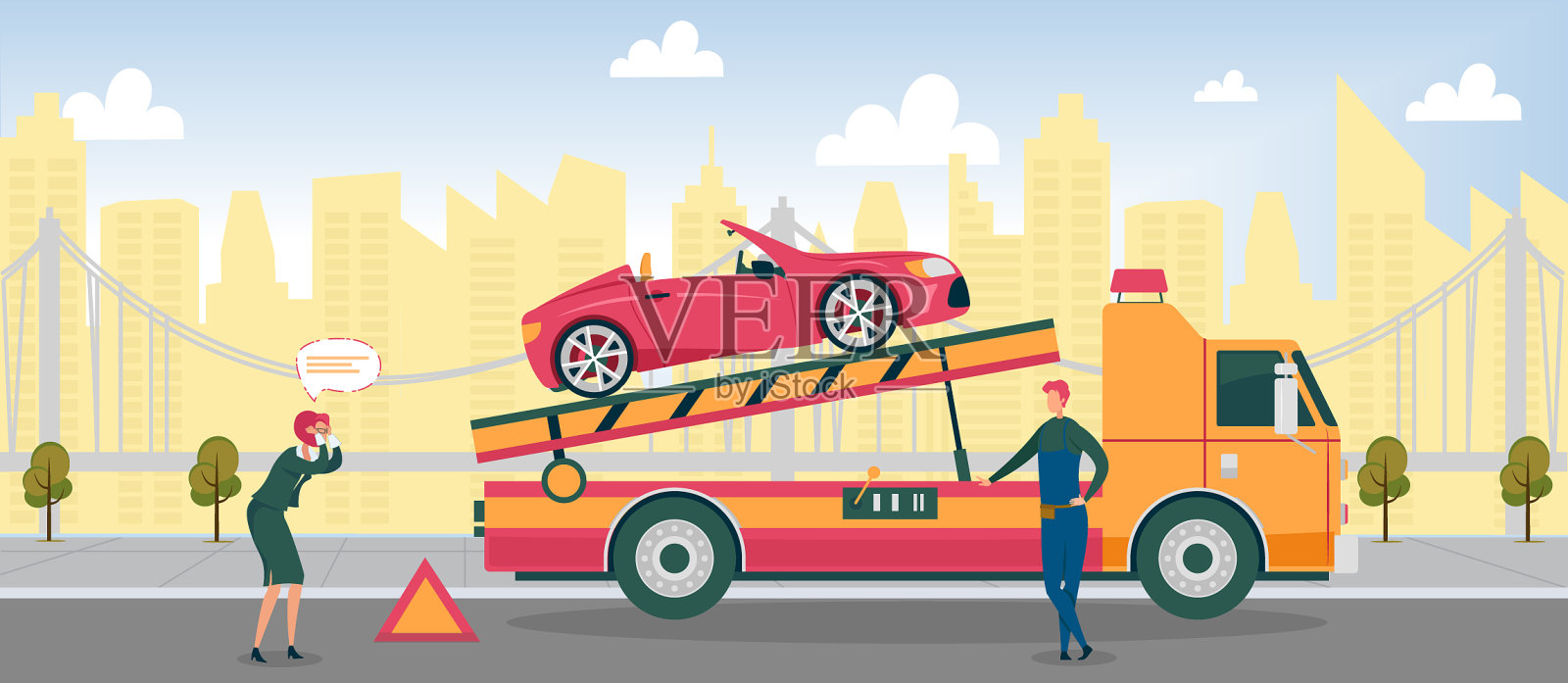 女人哭着看着车被拖走插画图片素材