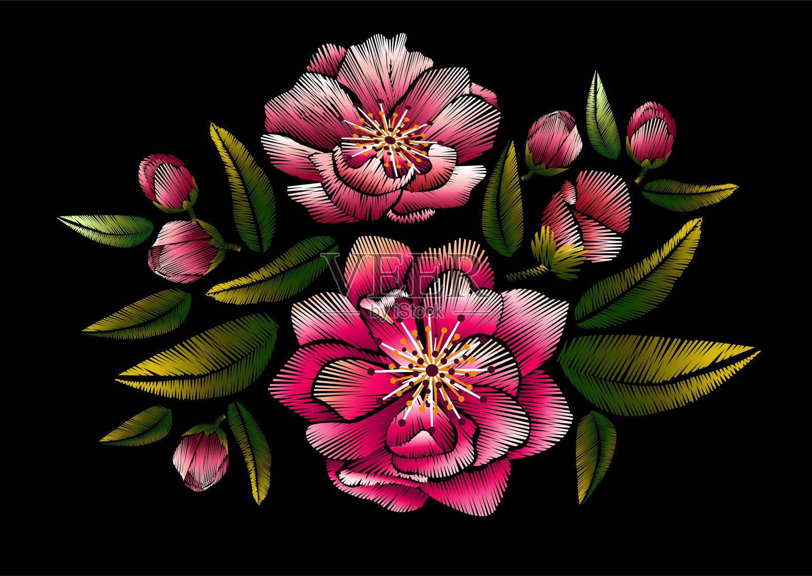 花刺绣与樱花插画图片素材