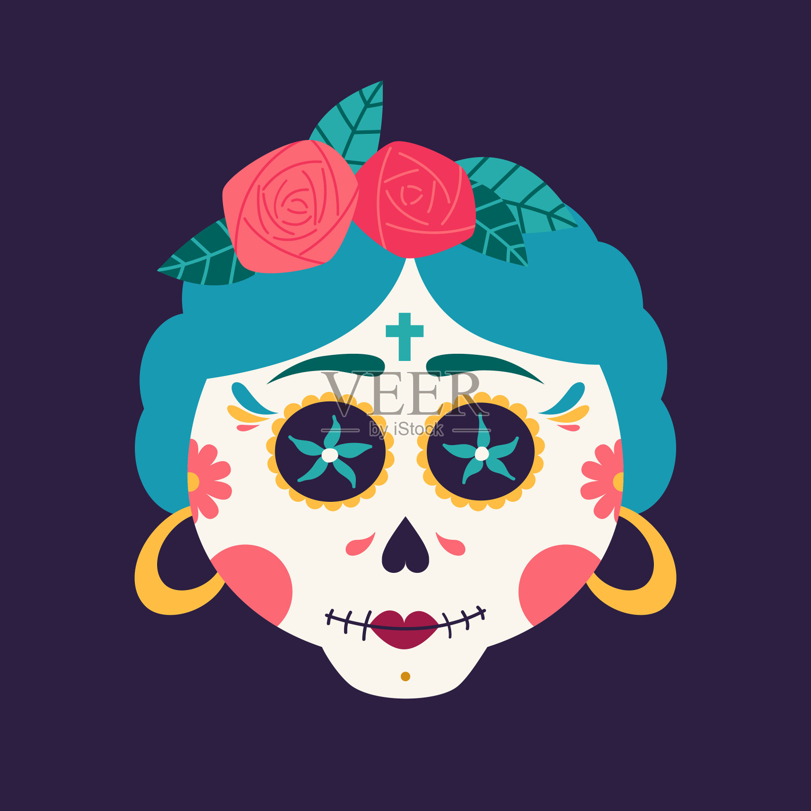 糖骷髅，糖头，骷髅脸，卡通骷髅，卡拉维拉，墨西哥。万圣节，亡灵节，亡灵节。插画图片素材