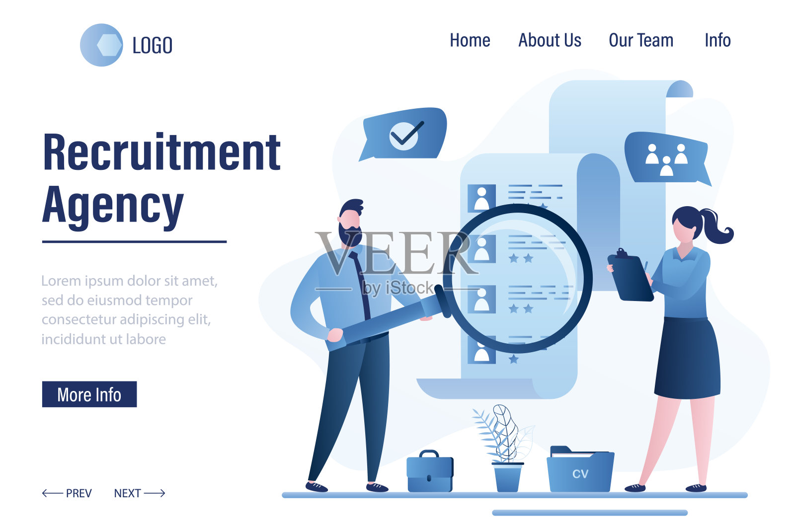 招聘机构登陆页面模板。商务人士挑选员工。有虚拟形象的候选人简历。插画图片素材
