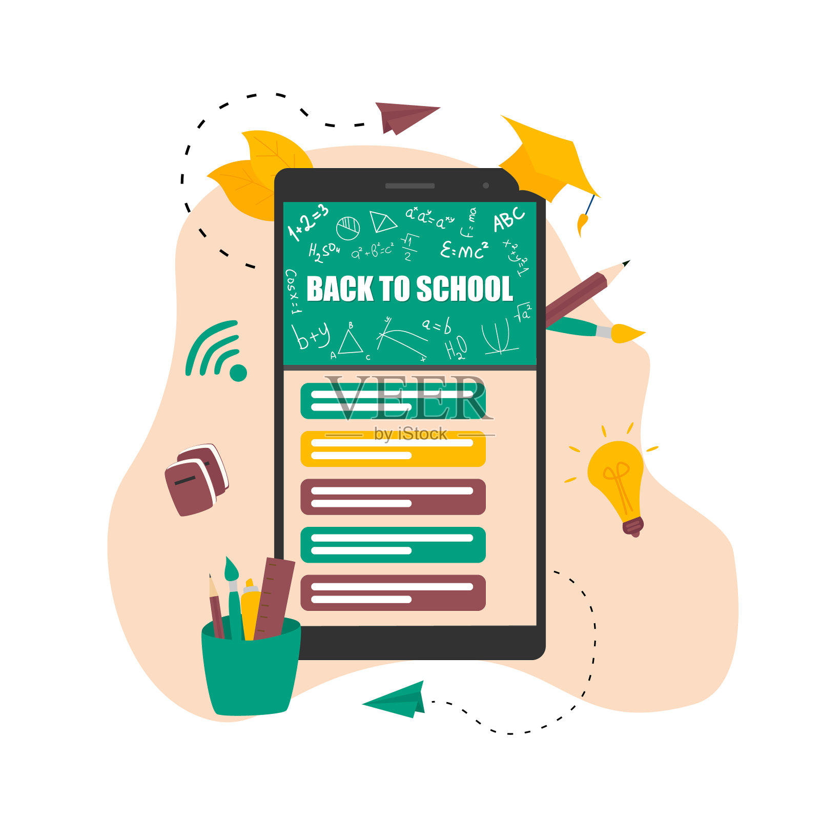 插画平面设计理念的在线教育。在冠状病毒大流行期间，学生在远方学习。矢量图插画图片素材