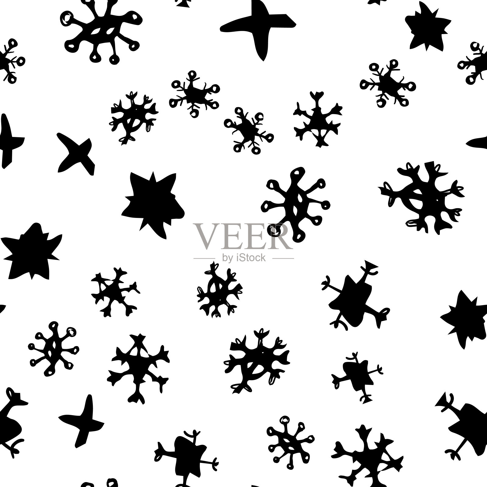 抽象无缝模式与笔触几何星星元素。美丽的现代纹理与混乱的绘画形状。单色背景为您的设计。插画图片素材