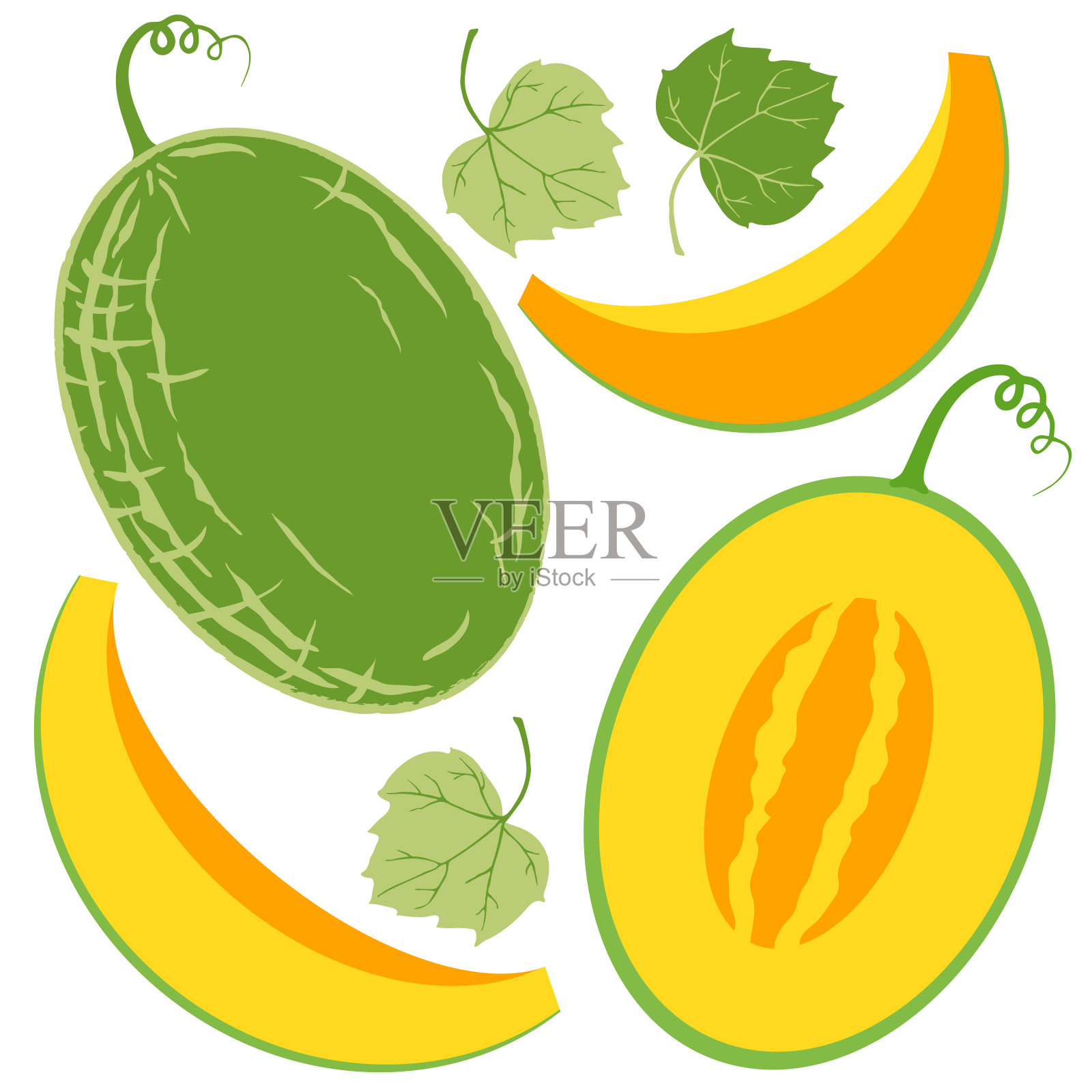 多汁的黄色西瓜元素集。夏天共鸣说明。插画图片素材
