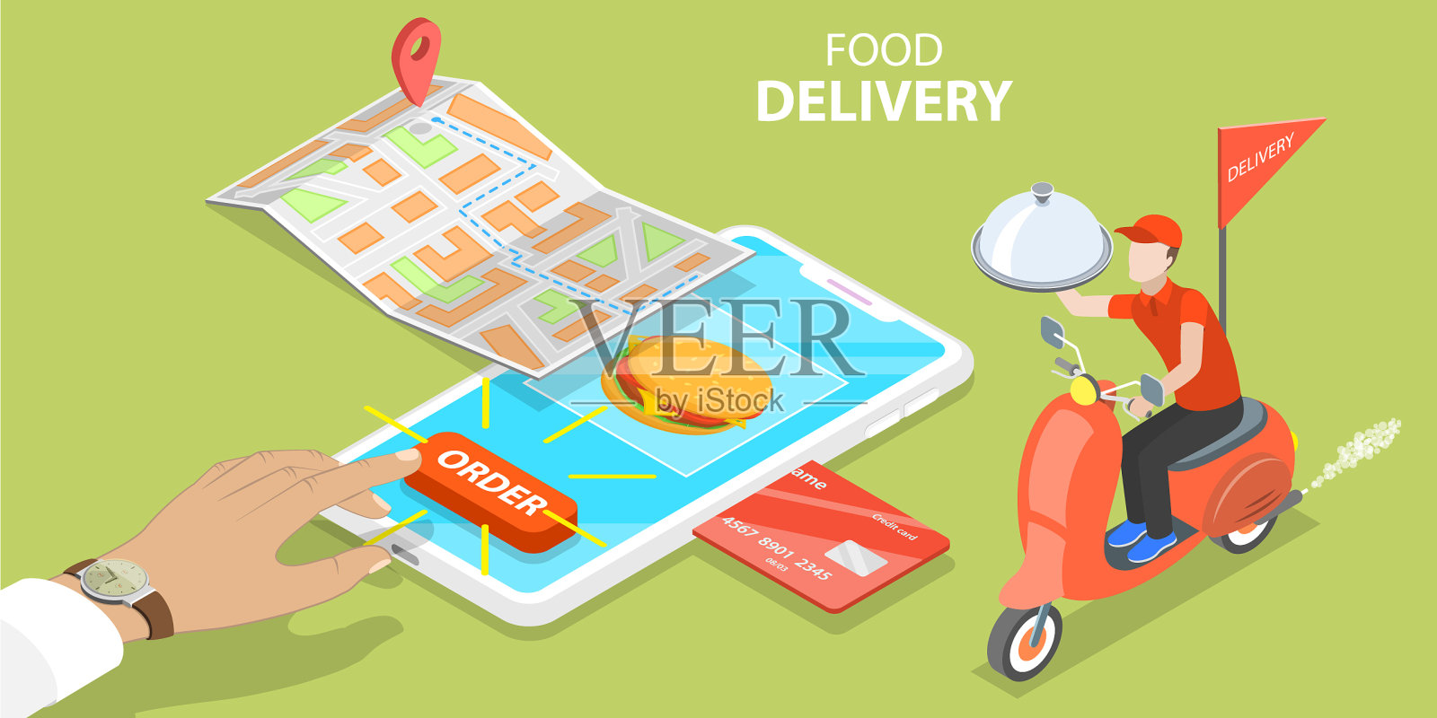 三维等距平面概念餐厅和插画图片素材