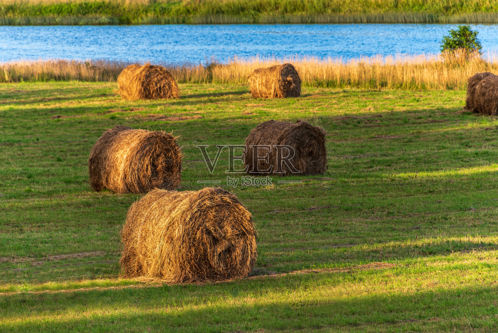 日落时在田野和村庄有干草堆的乡村景观。照片摄影图片