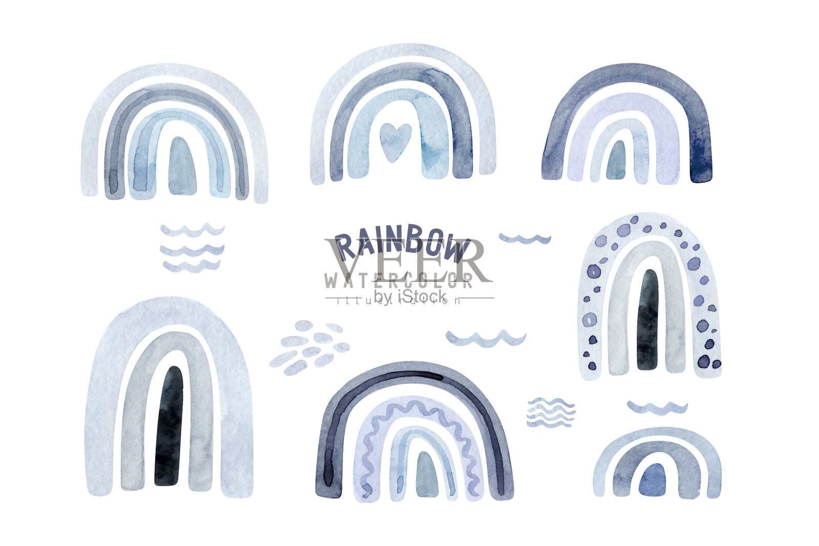 水彩儿童雨集，斯堪的纳维亚剪纸与手绘波西米亚彩虹。时尚斯堪的纳维亚风格的幼儿园艺术插画。当代艺术，男孩和女孩的彩虹图形插画图片素材