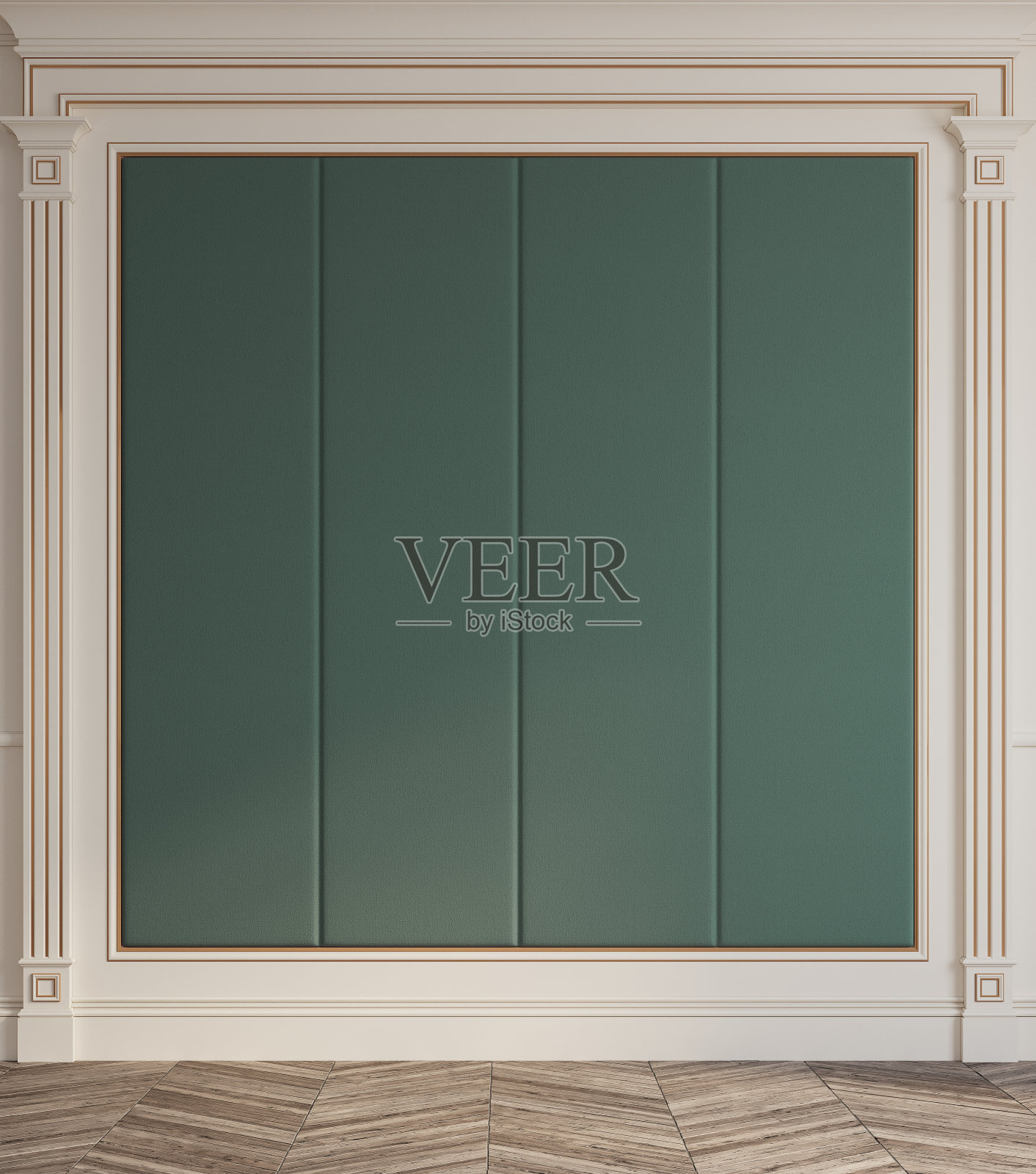 明亮的空白色和绿色墙壁与大窗户。墙架装饰。照片摄影图片