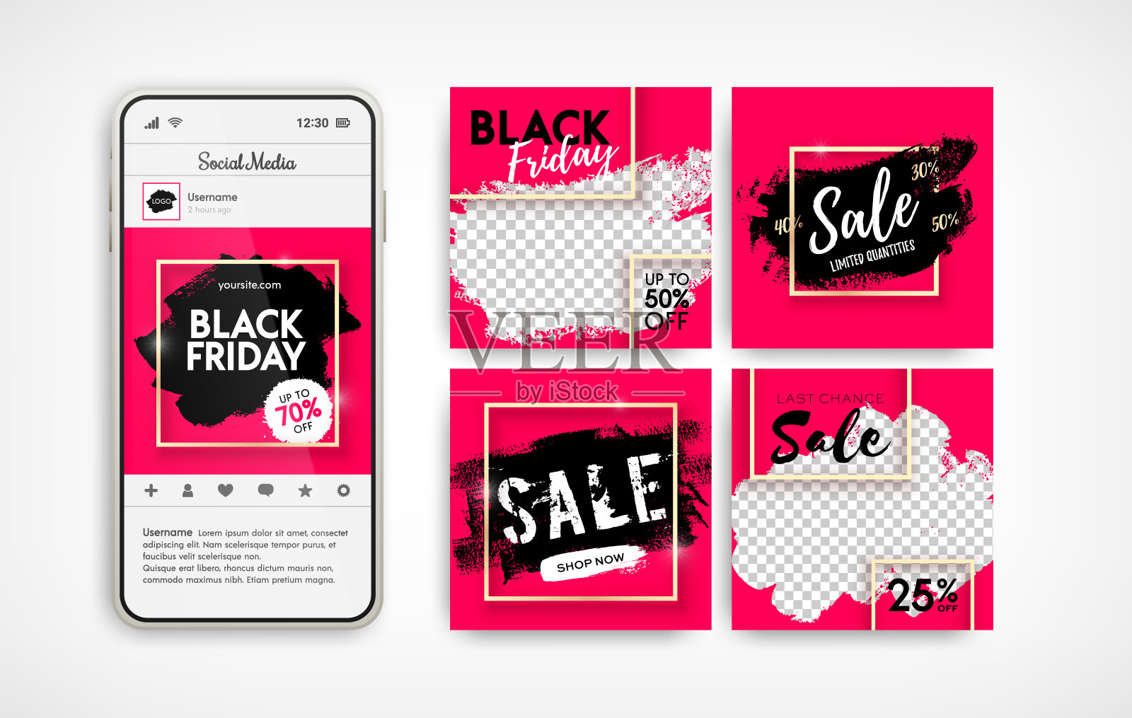 黑色星期五促销抽象红色横幅背景设置在智能手机屏幕上。矢量插图设计模板的传单，海报，购物，折扣，网络，社交媒体张贴，广告插画图片素材